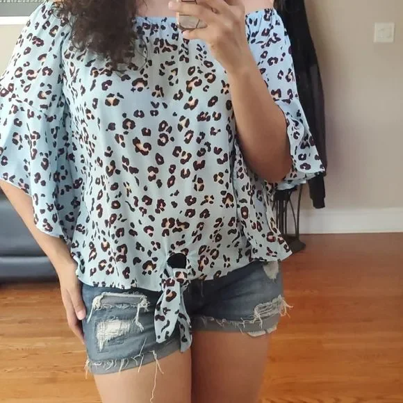 Light Blue Animal Print Blouse - Picture 5 of 7